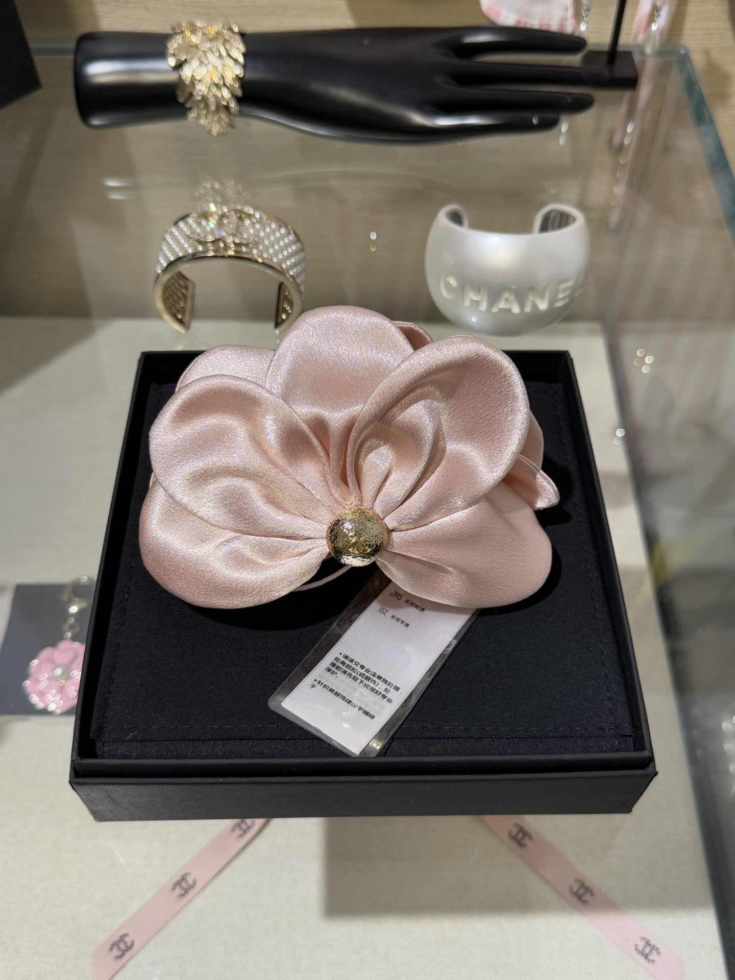 Chanel Elegant Satin Flower Hair Clip with Pearl Accents